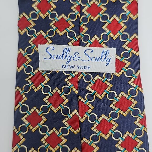 Scully & Scully Geometric Tie Mens Abstract Red Blue Gold Silk England 57.6" - Picture 5 of 6
